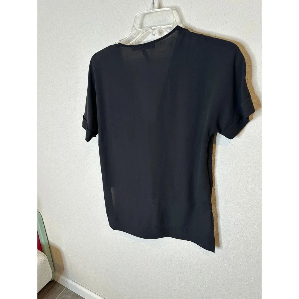 BCBGMAXAZRIA Womens Black Drape Front V-Neck Short Sleeve Blouse XXS Layered Top - Picture 4 of 4